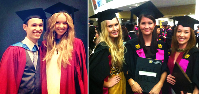 Sean McMahon and Cassie Fox (MetroChruch) at Murdoch graduation Ceremony. Kathryn Power, Meaghan King and Amy Craig at Curtin University graduation ceremony.